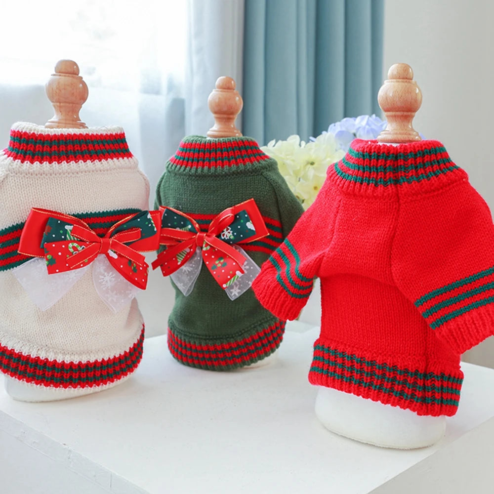 Christmas Dog Sweater Warm Pet Sweater Cute Striped Knitted Bowtie Puppy Cat Sweater Dog Sweatshirt Clothes Coat Outfit Apparel