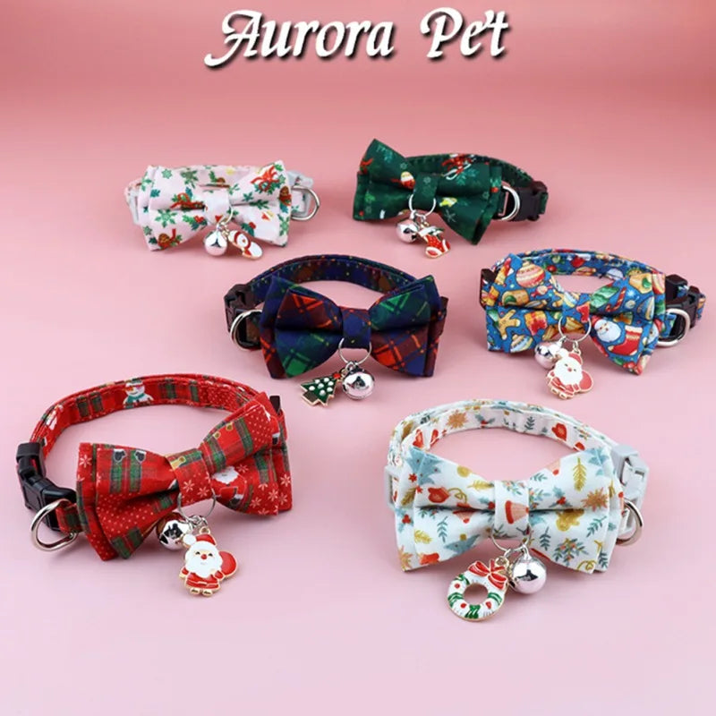 Christmas Cat Collar Big Bowknot Holiday Cats Dog Bow Tie Adjustable Neck Strap Pet Grooming Festival Puppy Kitten Necklace