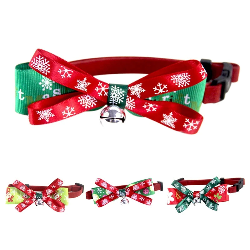 Christmas Cat Collar Big Bowknot Holiday Cats Dog Bow Tie Adjustable Neck Strap Pet Grooming Festival Puppy Kitten Necklace