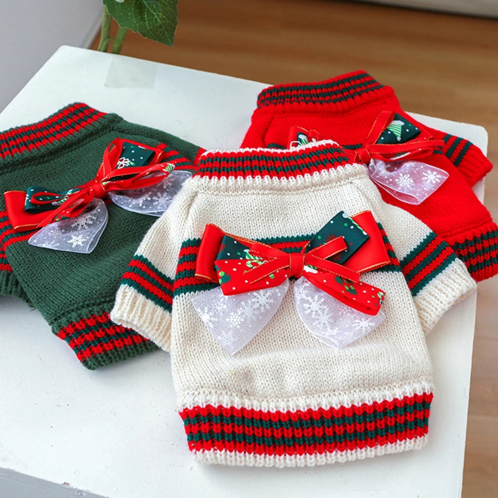 Christmas Dog Sweater Warm Pet Sweater Cute Striped Knitted Bowtie Puppy Cat Sweater Dog Sweatshirt Clothes Coat Outfit Apparel