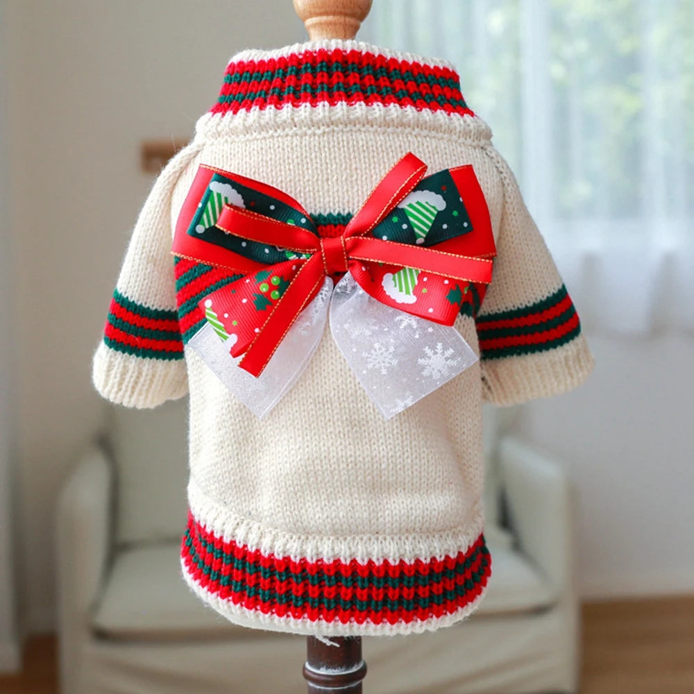 Christmas Dog Sweater Warm Pet Sweater Cute Striped Knitted Bowtie Puppy Cat Sweater Dog Sweatshirt Clothes Coat Outfit Apparel