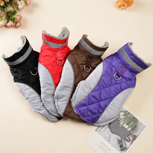 Waterproof Plaid Dog Clothes For Winter Reflective Warm High Neck Pets Jacket With D-ring Thicken Fleece Pet Coat For Large Dogs