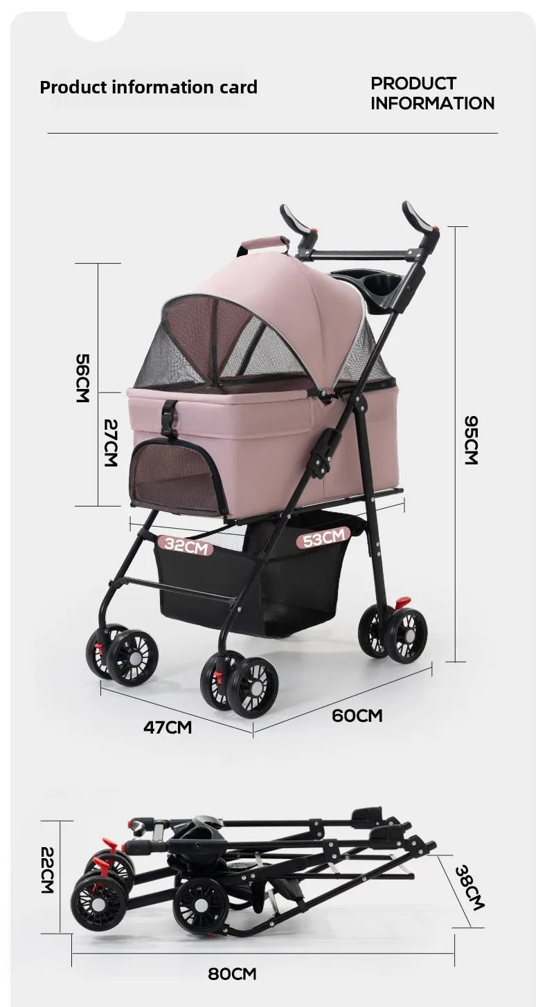 3 in 1 Dog Strollers 4 Wheels Folding Pet Stroller with Detachable Carrier  Breathable Visible Mesh Travel Carriers