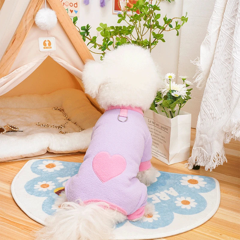 Heart Pattern Dog Pajamas for Small Dogs,Warm Fleece Dog Jumpsuit Yorkie Puppy Onesie Autumn Winter Clothes Pet Apparel