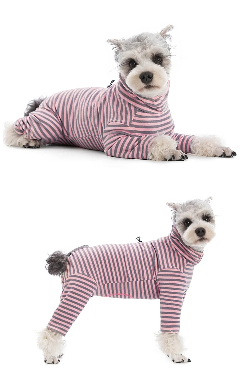 Dog Pajamas Small Dog Clothes with Fully-Closed Stomach Windproof Warm Velvet Pet Undershirts Adjustable Puppy Striped Jumpsuit