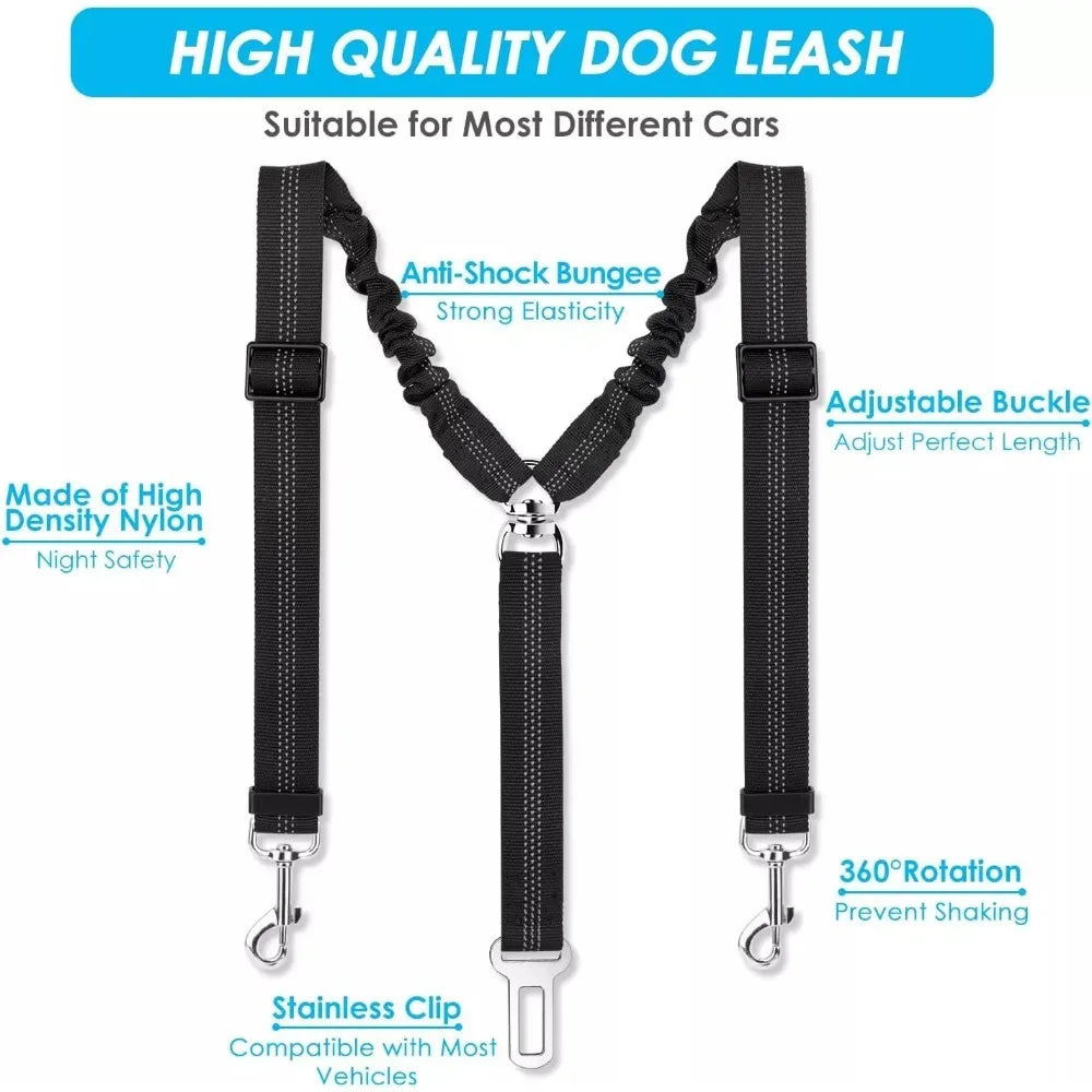 Double Dog Seatbelt Adjustable Vehicle Safety Leash with Elastic Protect Shock Reflective Dog Car Restraint for Pet Safety Belt