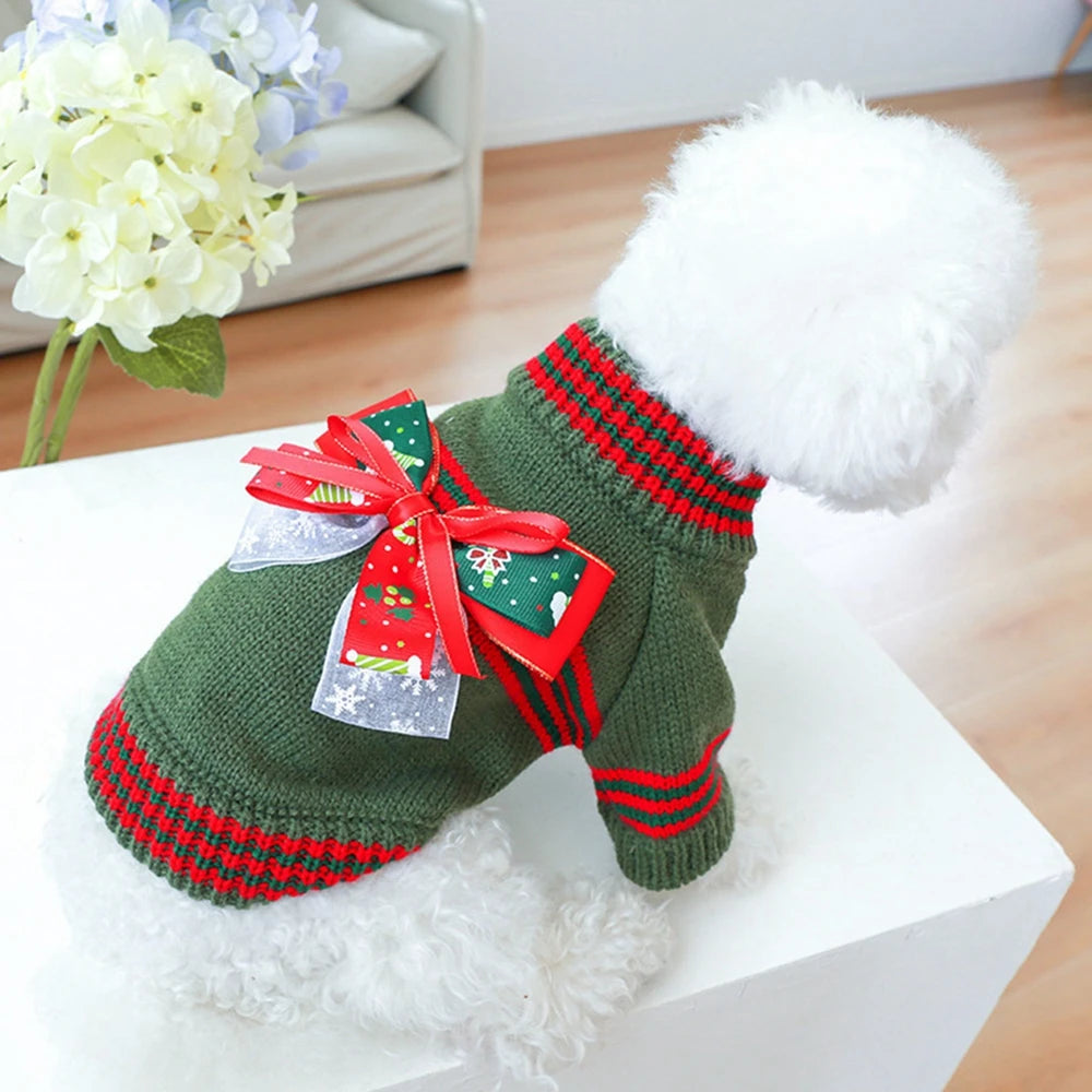 Christmas Dog Sweater Warm Pet Sweater Cute Striped Knitted Bowtie Puppy Cat Sweater Dog Sweatshirt Clothes Coat Outfit Apparel