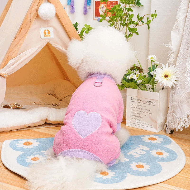 Heart Pattern Dog Pajamas for Small Dogs,Warm Fleece Dog Jumpsuit Yorkie Puppy Onesie Autumn Winter Clothes Pet Apparel