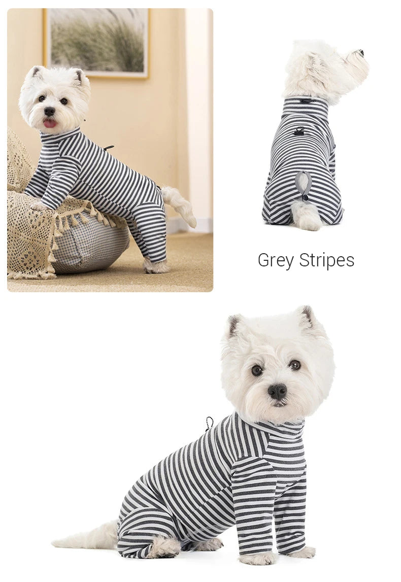 Dog Pajamas Small Dog Clothes with Fully-Closed Stomach Windproof Warm Velvet Pet Undershirts Adjustable Puppy Striped Jumpsuit