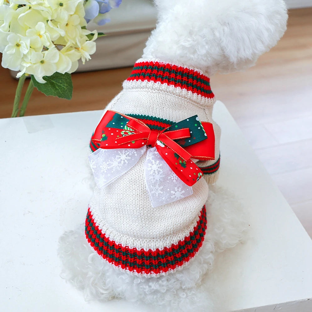 Christmas Dog Sweater Warm Pet Sweater Cute Striped Knitted Bowtie Puppy Cat Sweater Dog Sweatshirt Clothes Coat Outfit Apparel