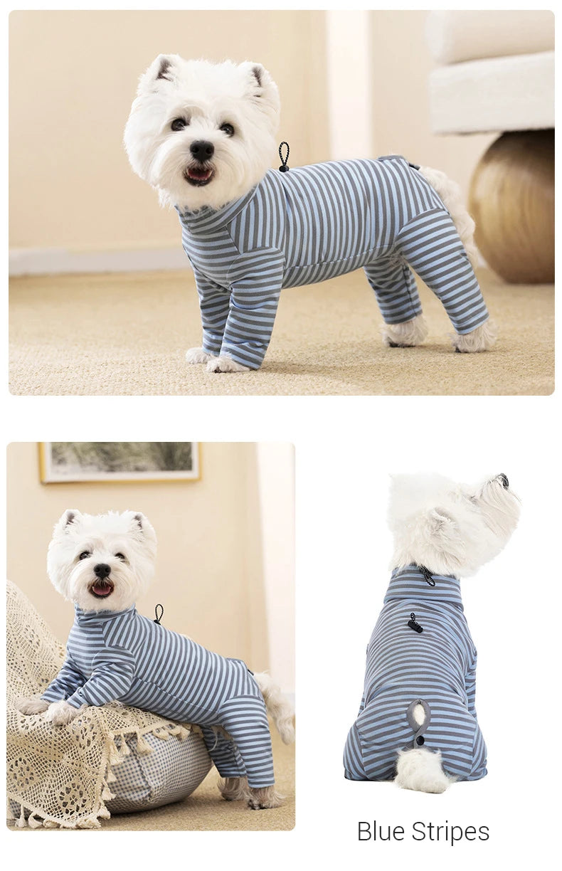 Dog Pajamas Small Dog Clothes with Fully-Closed Stomach Windproof Warm Velvet Pet Undershirts Adjustable Puppy Striped Jumpsuit