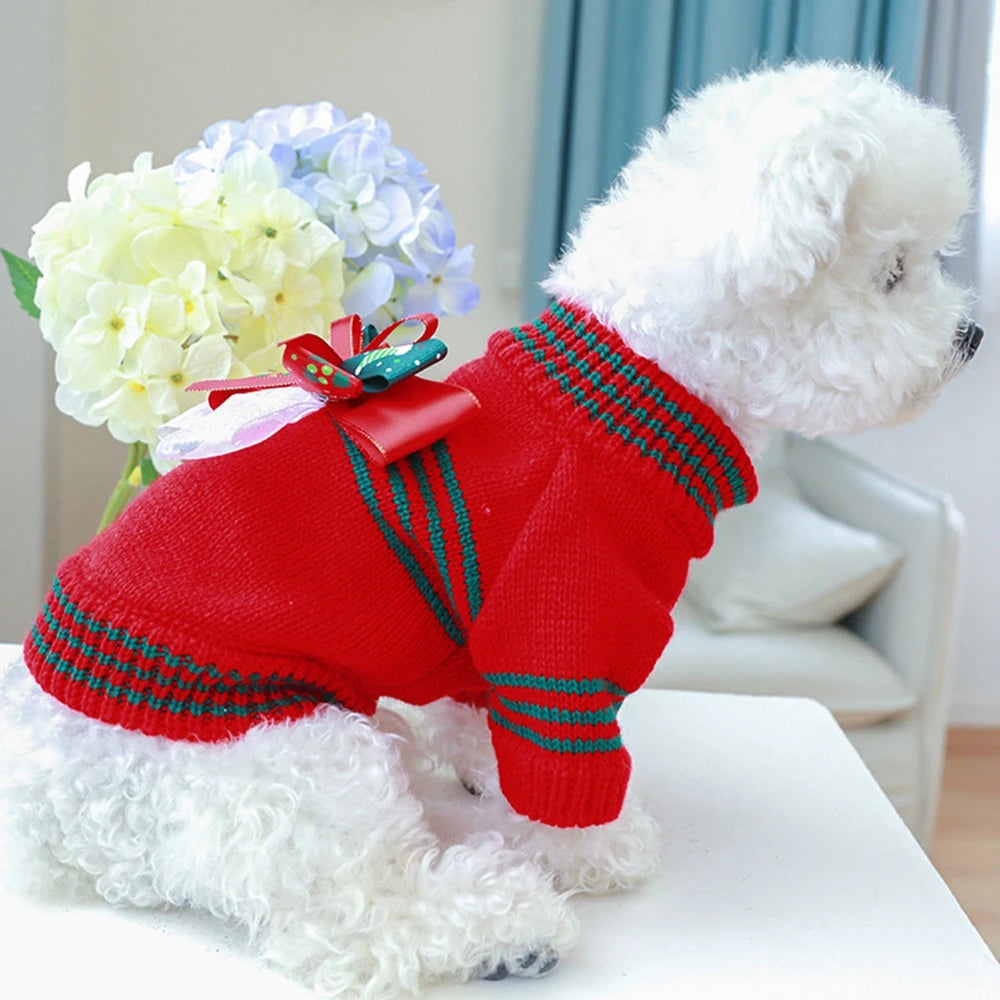 Christmas Dog Sweater Warm Pet Sweater Cute Striped Knitted Bowtie Puppy Cat Sweater Dog Sweatshirt Clothes Coat Outfit Apparel