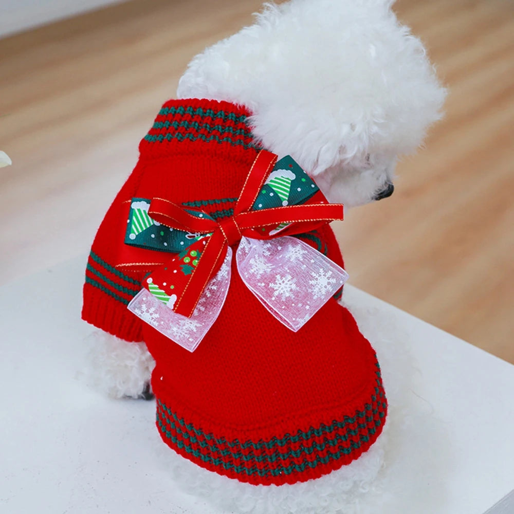 Christmas Dog Sweater Warm Pet Sweater Cute Striped Knitted Bowtie Puppy Cat Sweater Dog Sweatshirt Clothes Coat Outfit Apparel