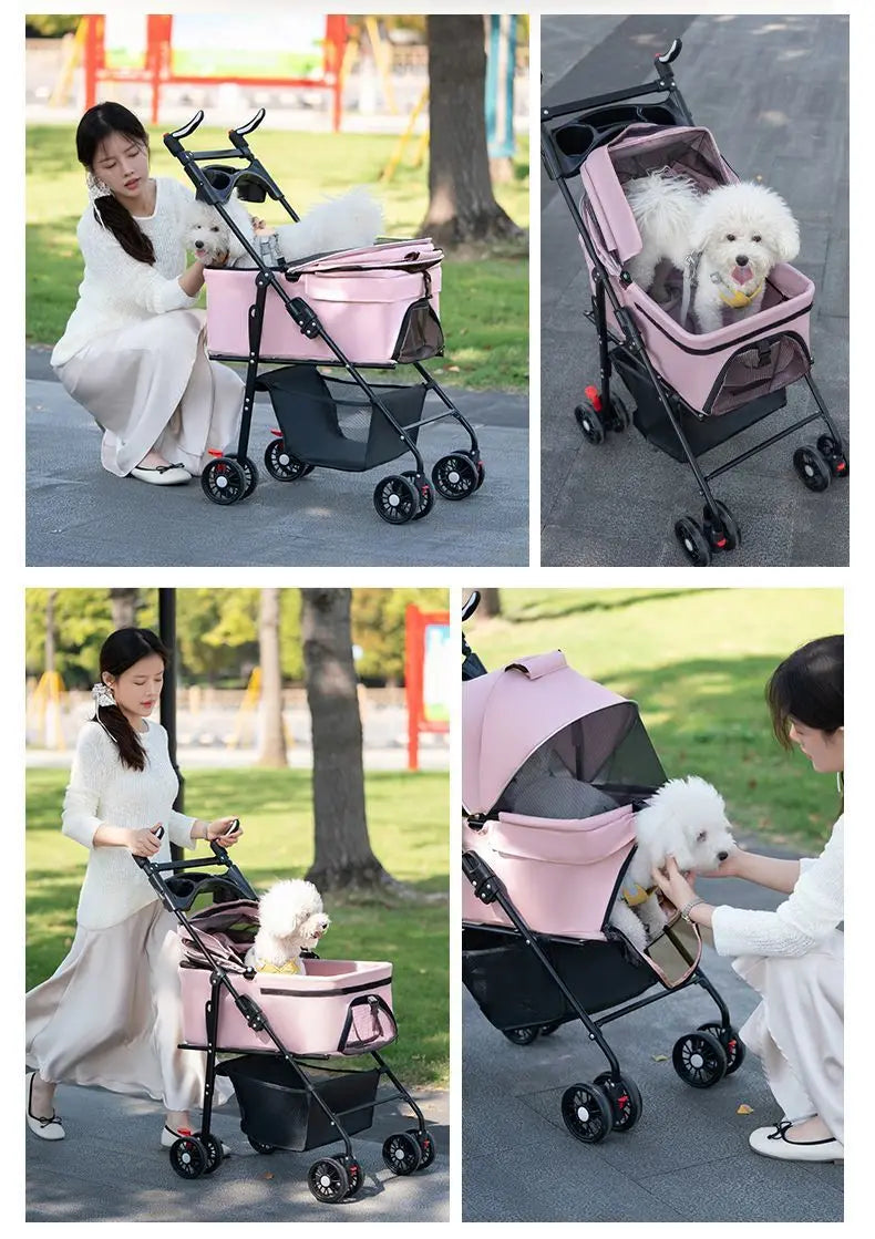 3 in 1 Dog Strollers 4 Wheels Folding Pet Stroller with Detachable Carrier  Breathable Visible Mesh Travel Carriers
