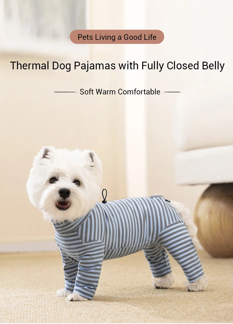 Dog Pajamas Small Dog Clothes with Fully-Closed Stomach Windproof Warm Velvet Pet Undershirts Adjustable Puppy Striped Jumpsuit