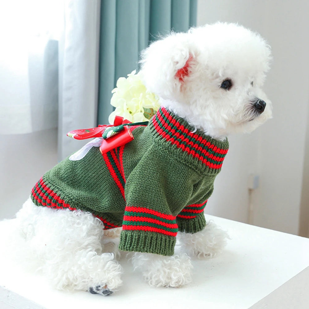 Christmas Dog Sweater Warm Pet Sweater Cute Striped Knitted Bowtie Puppy Cat Sweater Dog Sweatshirt Clothes Coat Outfit Apparel