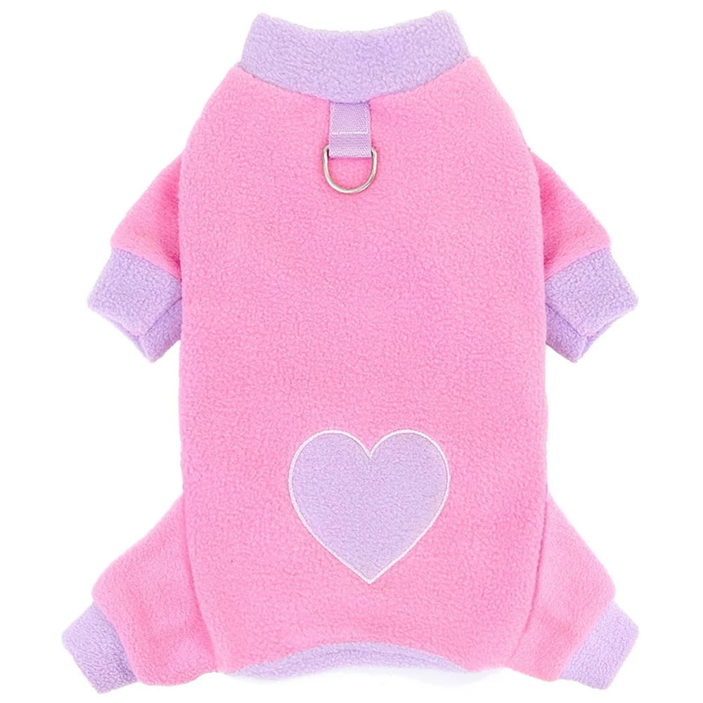 Heart Pattern Dog Pajamas for Small Dogs,Warm Fleece Dog Jumpsuit Yorkie Puppy Onesie Autumn Winter Clothes Pet Apparel