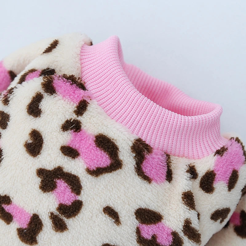 Lovely Leopard Pet Dog Clothes Soft Flannel Winter Puppy Overalls York Dog Cartoon Printing Sphinx Cat Sweatshirt Drop Shipping