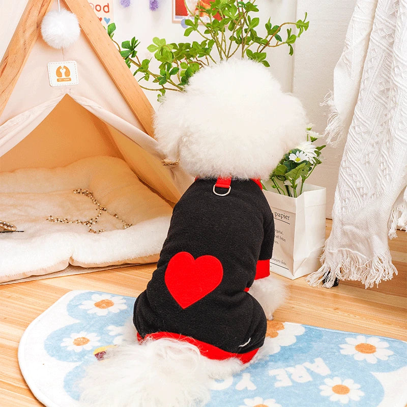 Heart Pattern Dog Pajamas for Small Dogs,Warm Fleece Dog Jumpsuit Yorkie Puppy Onesie Autumn Winter Clothes Pet Apparel