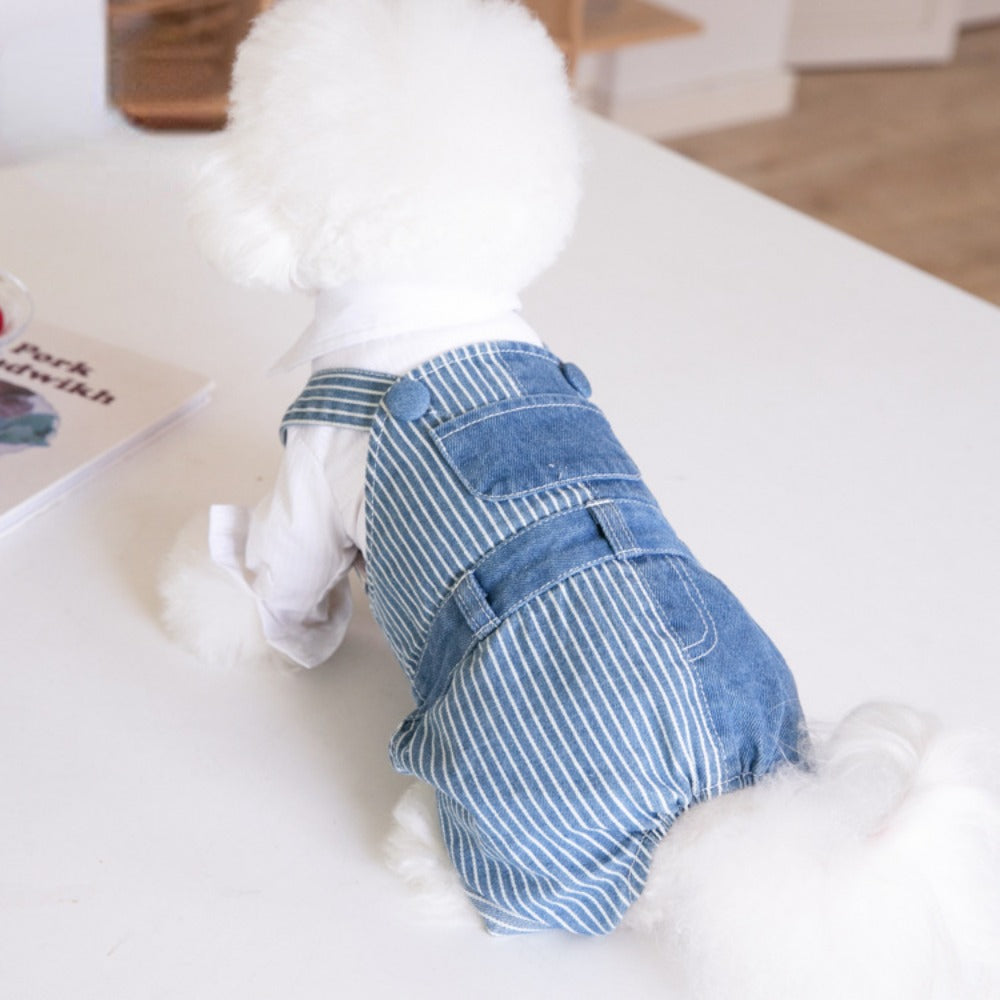 Pet Autumn Winter Striped Patchwork Denim Straps Dog Pants Cat Clothing Teddy Dog Clothing Pets Puppy Clothes Boy Dog Clothes