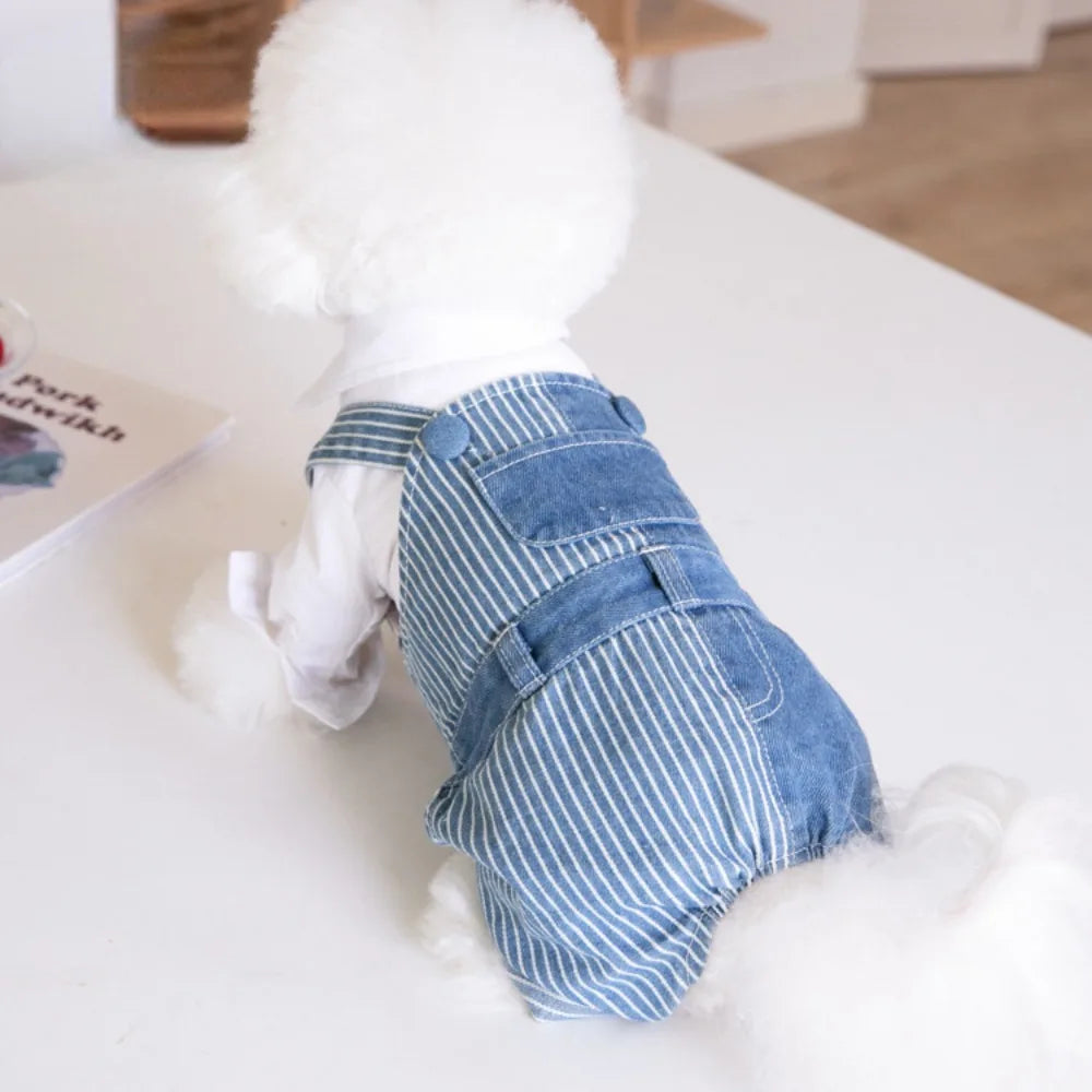 Pet Autumn Winter Striped Patchwork Denim Straps Dog Pants Cat Clothing Teddy Dog Clothing Pets Puppy Clothes Boy Dog Clothes
