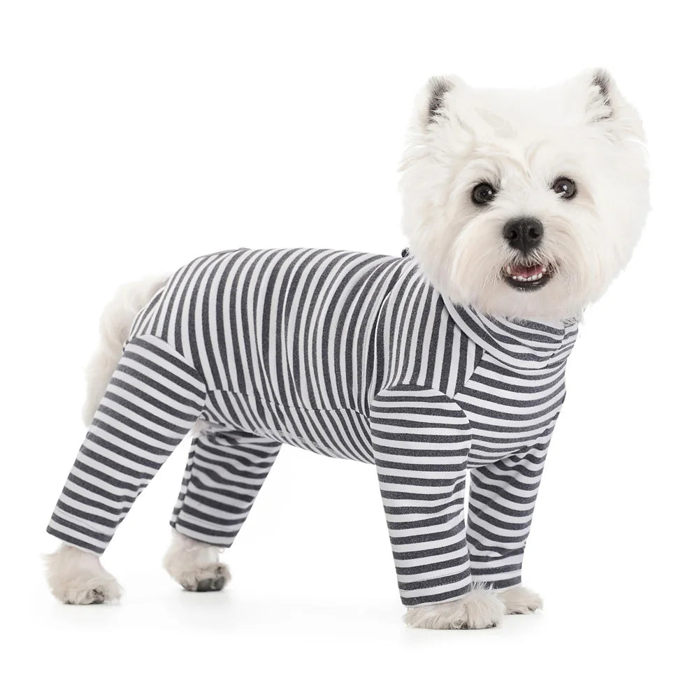 Dog Pajamas Small Dog Clothes with Fully-Closed Stomach Windproof Warm Velvet Pet Undershirts Adjustable Puppy Striped Jumpsuit