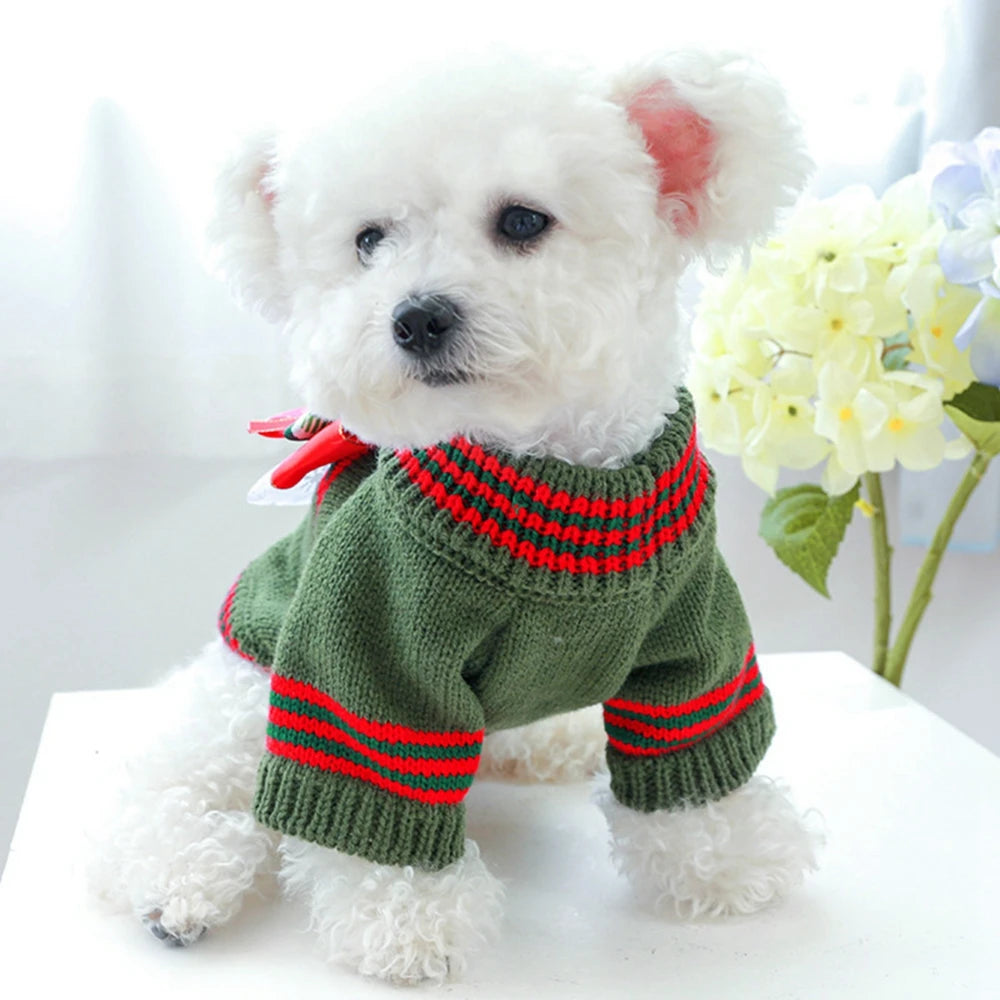 Christmas Dog Sweater Warm Pet Sweater Cute Striped Knitted Bowtie Puppy Cat Sweater Dog Sweatshirt Clothes Coat Outfit Apparel